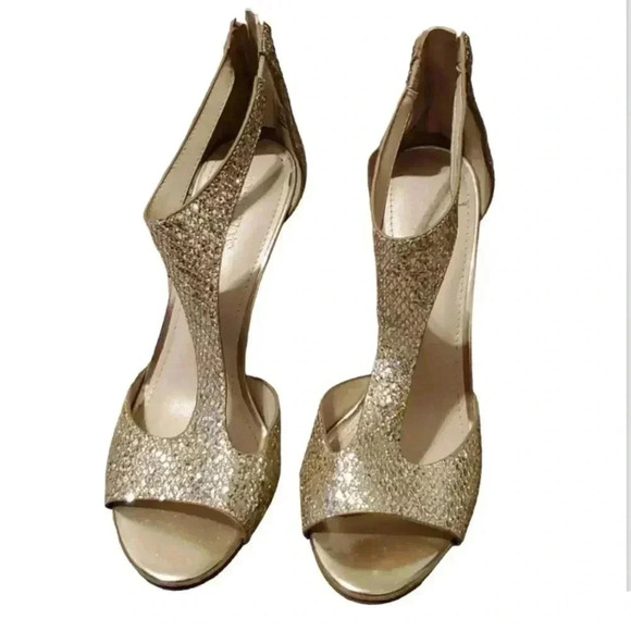 Davids Bridal Womens Sz 8 1/2 Gold Glitter Stiletto Heel Ankle Strap Zipper Heel - Picture 3 of 8
